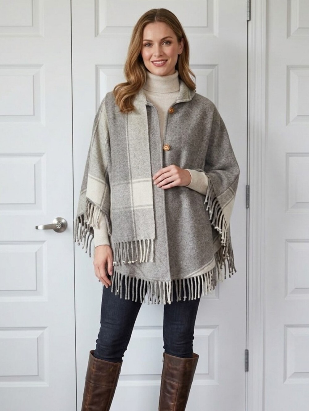 Cozy Two-Tone Wool Buttoned Cape